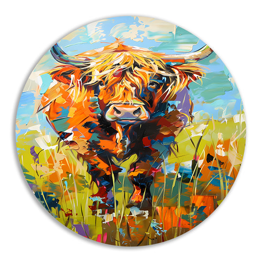Kleurrijke Schotse hooglander in expressief schilderij aluminium muurcirkel