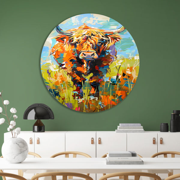 Kleurrijke Schotse hooglander in expressief schilderij aluminium muurcirkel