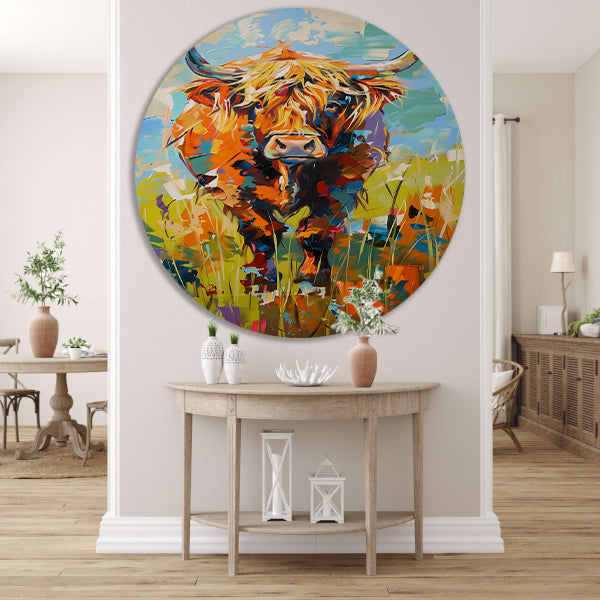 Kleurrijke Schotse hooglander in expressief schilderij forex muurcirkel