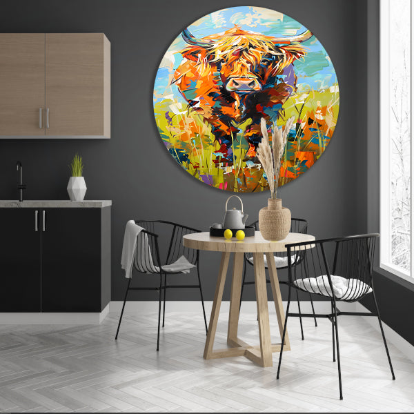 Kleurrijke Schotse hooglander in expressief schilderij aluminium muurcirkel