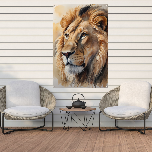 Majestueuze Waterverf Leeuw met Gouden Gloed tuinposter