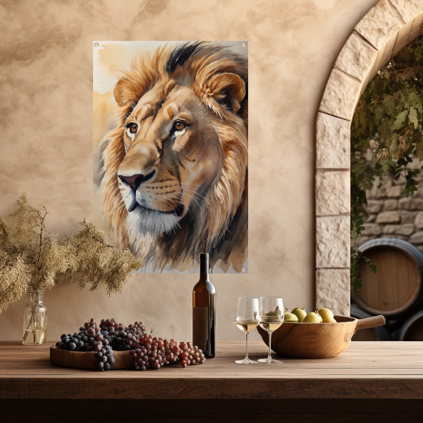 Majestueuze Waterverf Leeuw met Gouden Gloed tuinposter