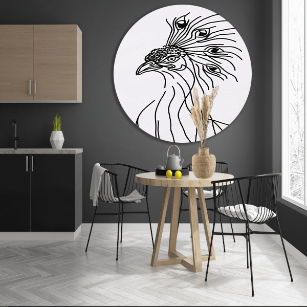 Abstracte Pauw Lijntekening in Zwart en Wit forex muurcirkel