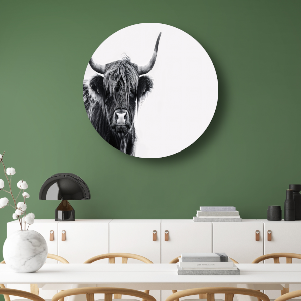 Portret van een Schotse hooglander in zwart-wit aluminium muurcirkel