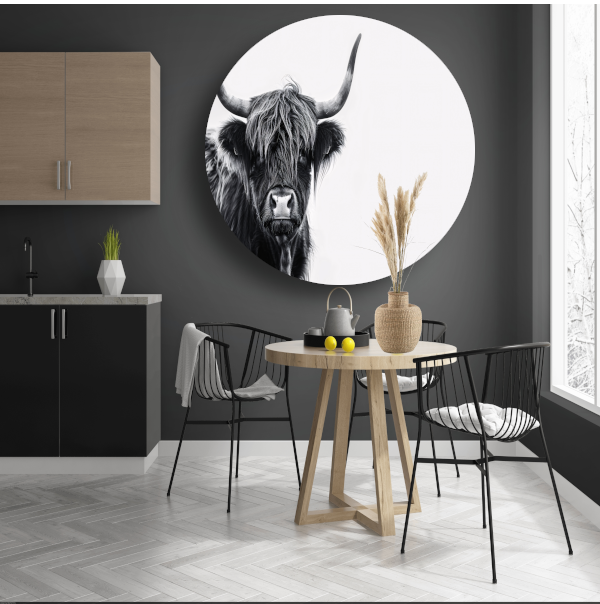 Portret van een Schotse hooglander in zwart-wit aluminium muurcirkel