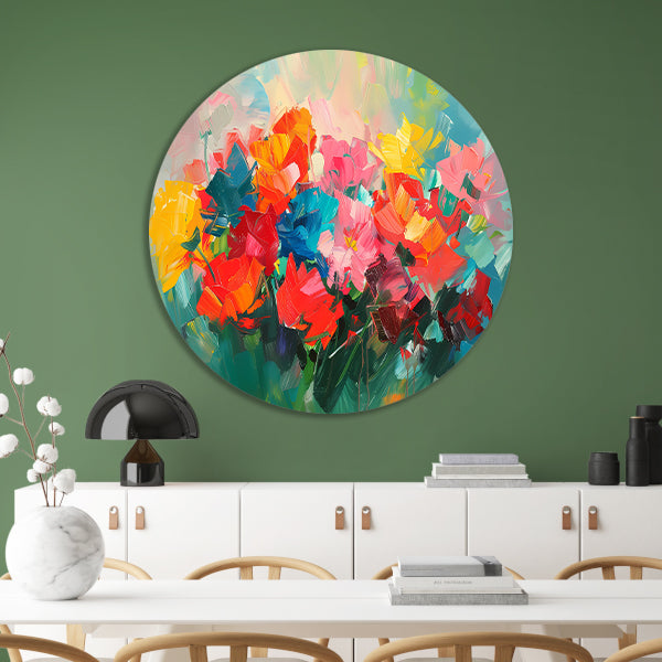 Abstracte kleurrijke bloemenweide olieverfschilderij forex muurcirkel