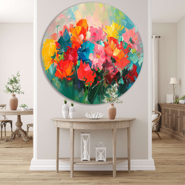 Abstracte kleurrijke bloemenweide olieverfschilderij forex muurcirkel
