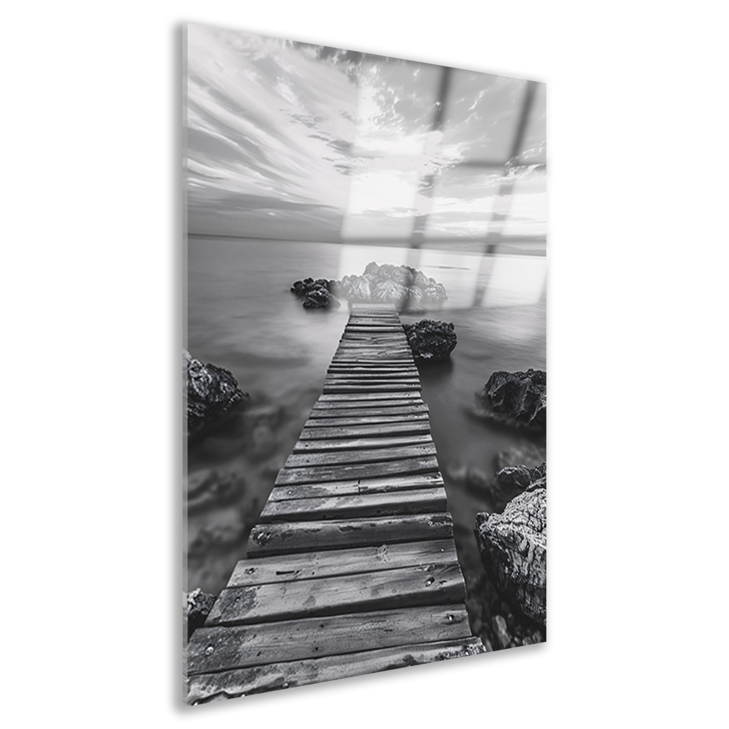 Houten steiger bij zee tijdens bewolkte zonsopkomst acrylglas