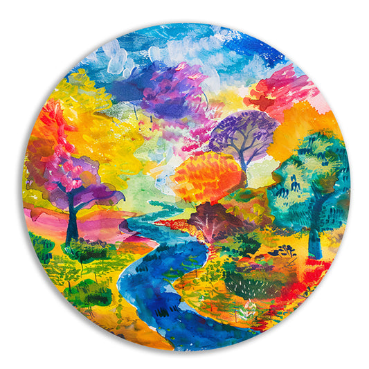 Kleurrijk abstract landschap aquarel schilderij aluminium muurcirkel