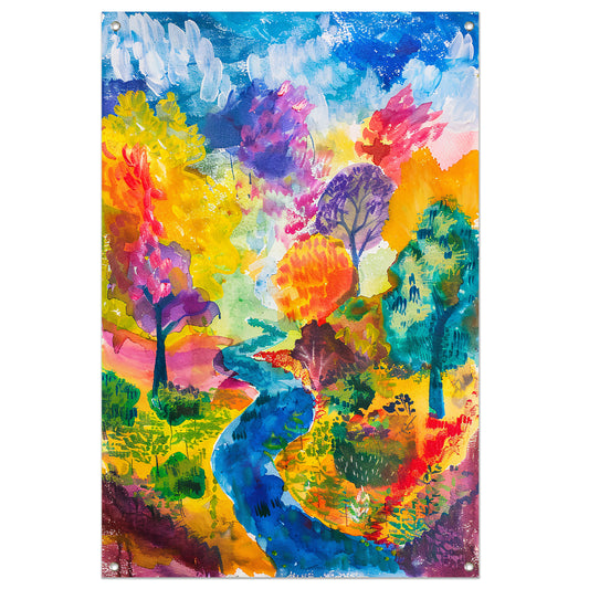 Kleurrijk abstract landschap aquarel schilderij tuinposter