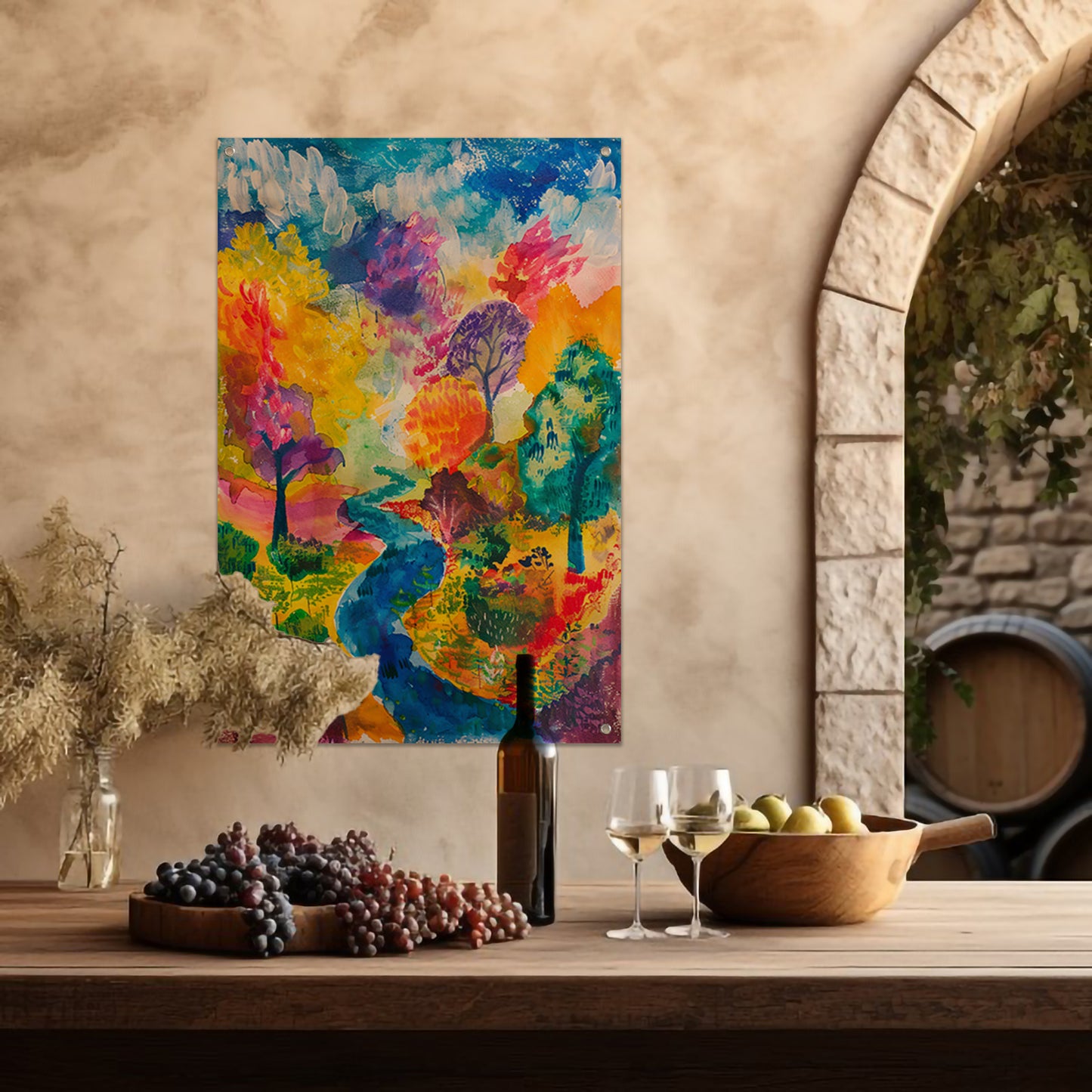 Kleurrijk abstract landschap aquarel schilderij tuinposter