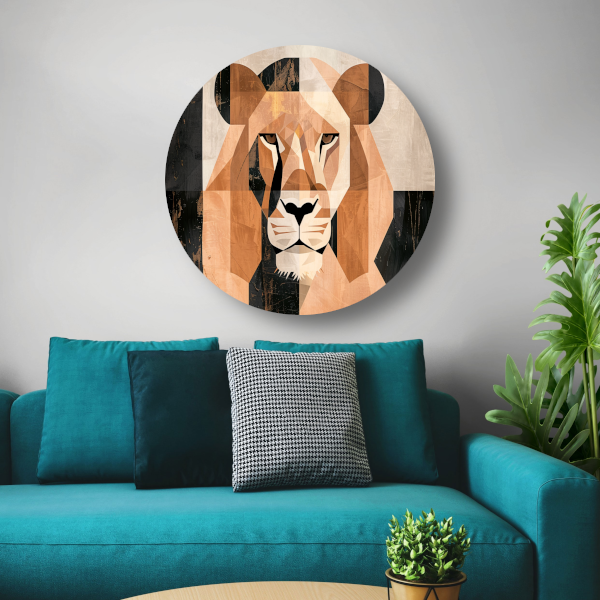 Geometrische Abstracte Leeuwenkop Art Deco aluminium muurcirkel