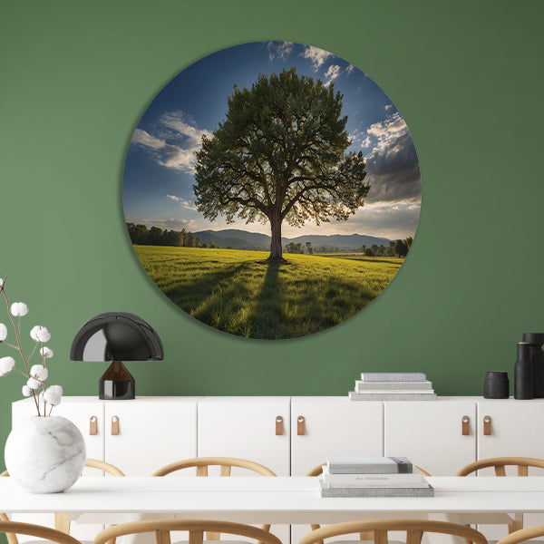 Majestueuze boom in uitgestrekt landschap aluminium muurcirkel
