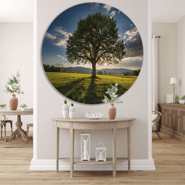 Majestueuze boom in uitgestrekt landschap aluminium muurcirkel