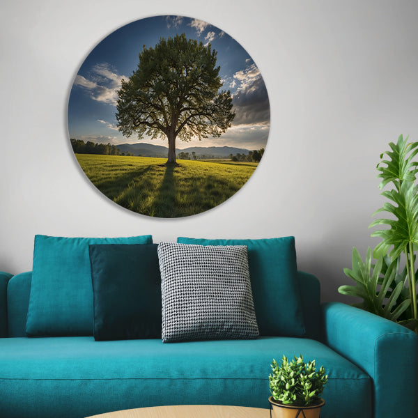 Majestueuze boom in uitgestrekt landschap aluminium muurcirkel