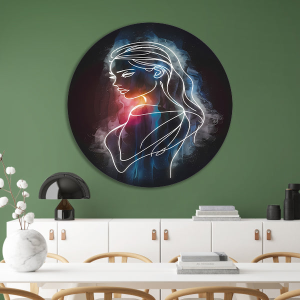 Kosmische lijnkunst portret van vrouw aluminium muurcirkel