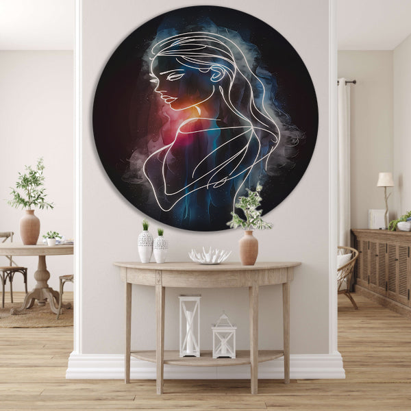 Kosmische lijnkunst portret van vrouw aluminium muurcirkel