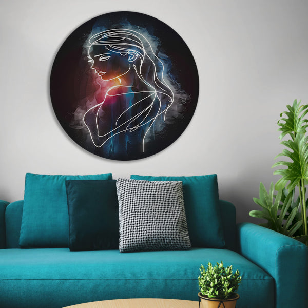 Kosmische lijnkunst portret van vrouw aluminium muurcirkel