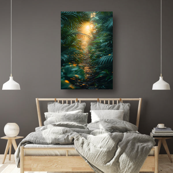 Zonnig pad door weelderig regenwoud canvas