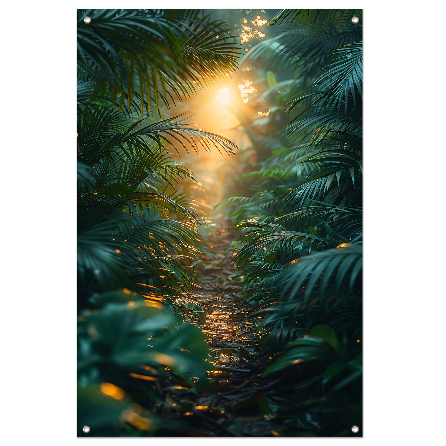Zonnig pad door weelderig regenwoud tuinposter