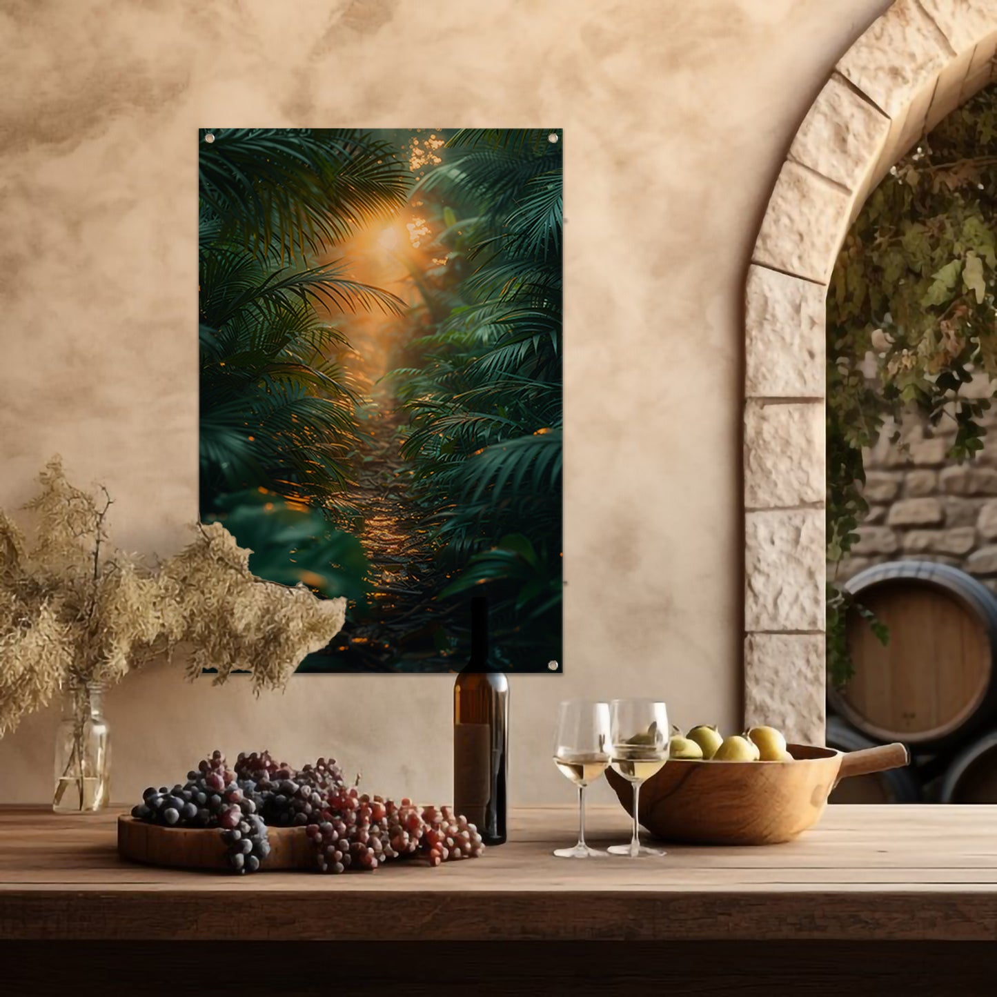 Zonnig pad door weelderig regenwoud tuinposter
