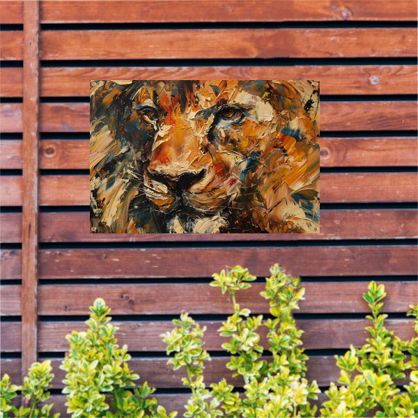 Expressieve Abstracte Leeuwenkop met Kleurrijke Streken tuinposter