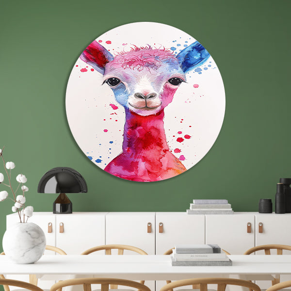 Kleurrijke digitale kunst van een alpaca aluminium muurcirkel