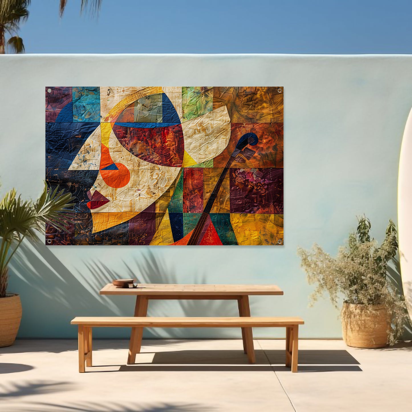 Abstract portret met viool in kleurvlakken tuinposter