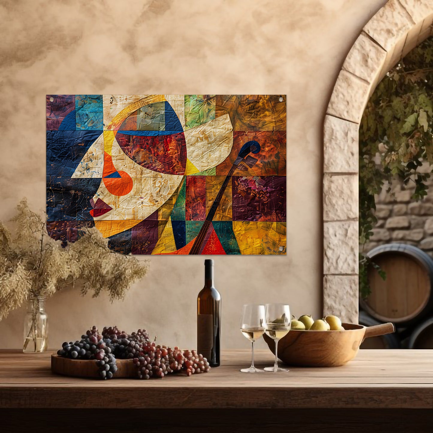 Abstract portret met viool in kleurvlakken tuinposter