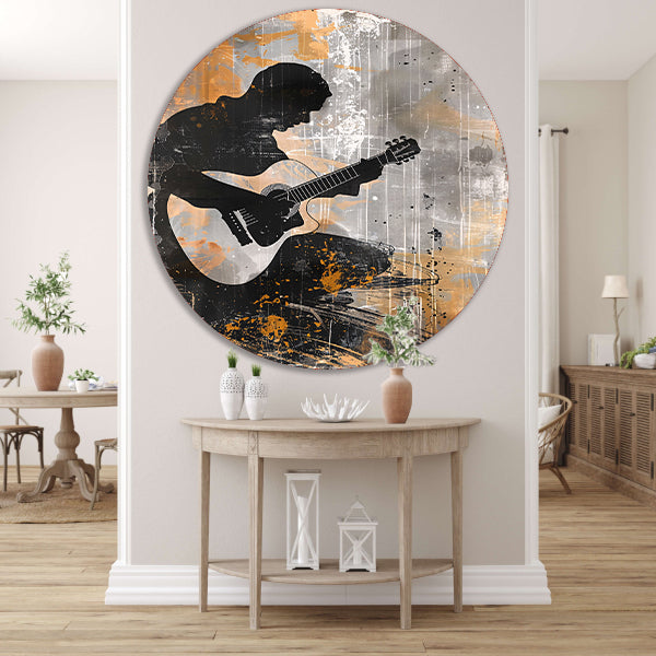 Abstracte Silhouet van Gitarist met Gitaar aluminium muurcirkel