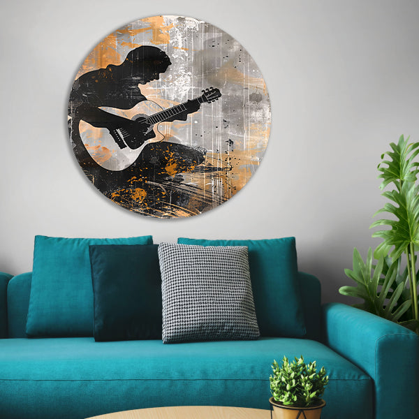 Abstracte Silhouet van Gitarist met Gitaar aluminium muurcirkel