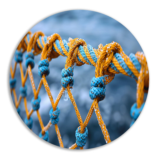 Abstract Knoop in Blauw en Geel aluminium muurcirkel