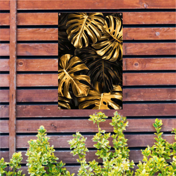 Luxe Gouden Monstera Bladeren op Zwart tuinposter