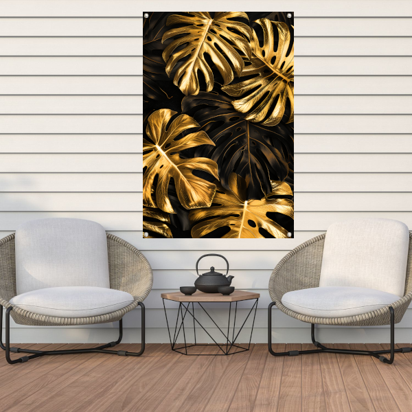 Luxe Gouden Monstera Bladeren op Zwart tuinposter