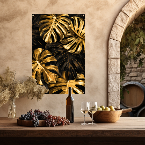 Luxe Gouden Monstera Bladeren op Zwart tuinposter