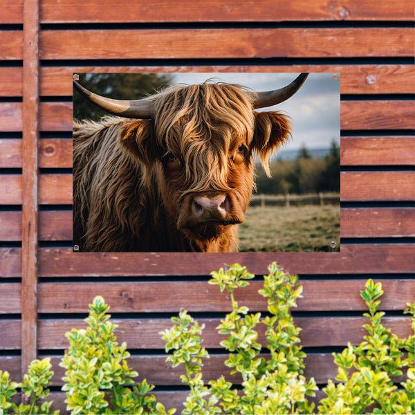Schotse hooglander in een groen veld tuinposter