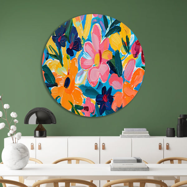 Kleurrijke abstracte impressie van bloemen en bladeren forex muurcirkel