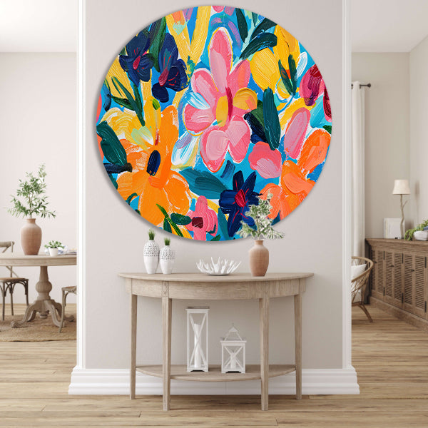 Kleurrijke abstracte impressie van bloemen en bladeren forex muurcirkel