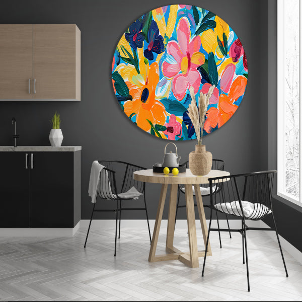 Kleurrijke abstracte impressie van bloemen en bladeren forex muurcirkel