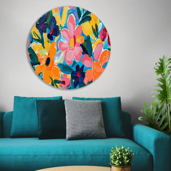 Kleurrijke abstracte impressie van bloemen en bladeren forex muurcirkel
