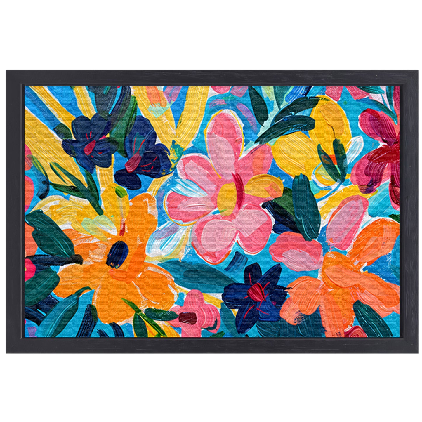 Kleurrijke abstracte impressie van bloemen en bladeren canvas met baklijst