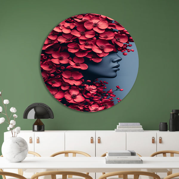 Portret van vrouw met bloemen aluminium muurcirkel