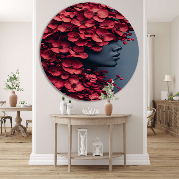 Portret van vrouw met bloemen aluminium muurcirkel
