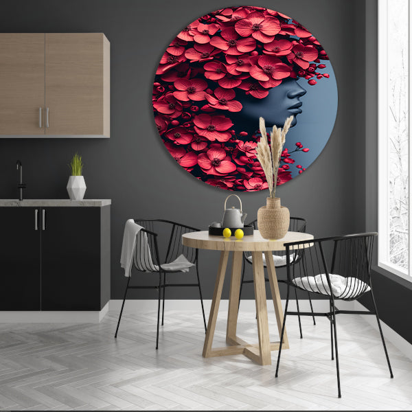 Portret van vrouw met bloemen aluminium muurcirkel