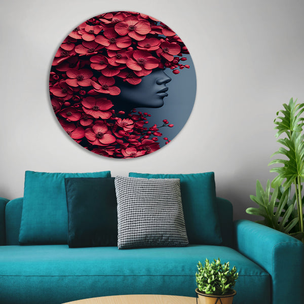 Portret van vrouw met bloemen aluminium muurcirkel
