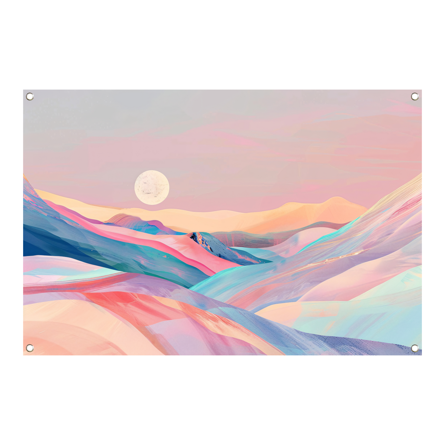 Abstract landschap in pastelkleuren met prominente maan tuinposter