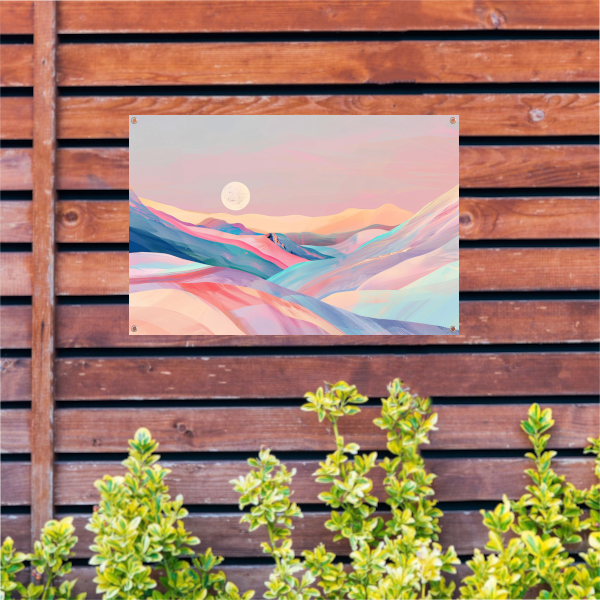 Abstract landschap in pastelkleuren met prominente maan tuinposter