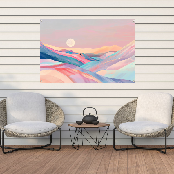 Abstract landschap in pastelkleuren met prominente maan tuinposter