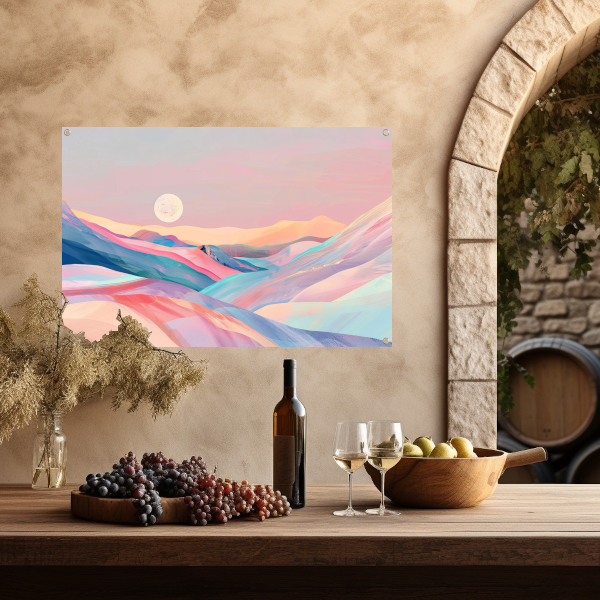 Abstract landschap in pastelkleuren met prominente maan tuinposter
