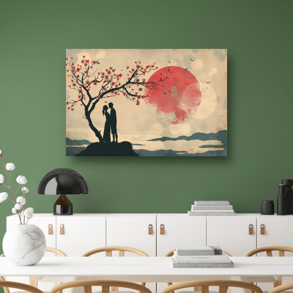 Romantische ontmoeting bij zonsondergang poster